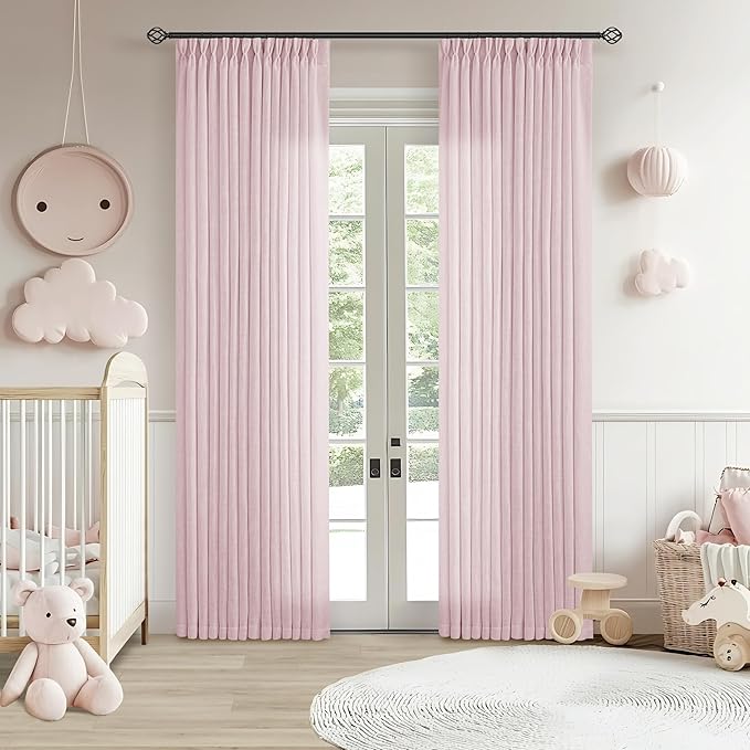 TWODRAPES 80 Inch Pink Pinch Pleated Semi Sheer Curtains for Girls Bedroom Living Room Pleat Memory Shape Trained Light Filtering Linen 80 Inch Curtains Drape Window Panels Baby Pink Blush Nursery