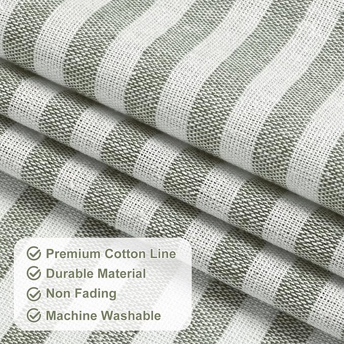 ASPMIZ Farmhouse Valances for Windows, Cotton Linen Kitchen Curtains Valances with Rustic Buttons, Green Striped Window Valance for Living Room, Boho Valance Curtains for Bathroom, 52 x 18 Inches