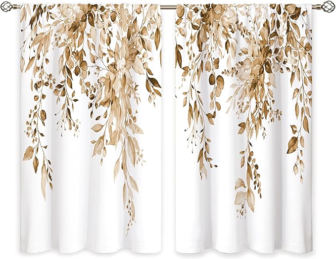 Eucalyptus Botanical Leaves Floral Kitchen Window Curtains over Sink Farmhouse Flower Leaf Small Window Treatment Tan Floral Cafe Short Curtains for Bathroom Treatment Tier Drapes 27.5x39 inch