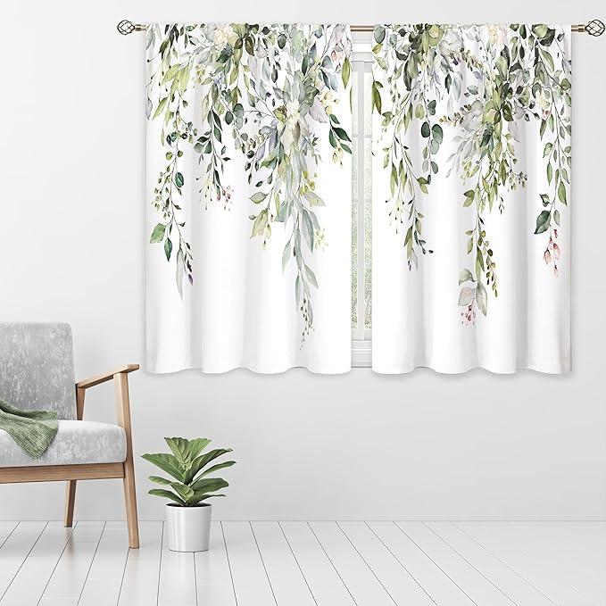Eucalyptus Botanical Leaves Floral Kitchen Window Curtains Over Sink Farmhouse Flower Leaf Small Window Treatment Sage Green Cafe Short Curtains for Bathroom Treatment Tier Drapes 26x36 inch