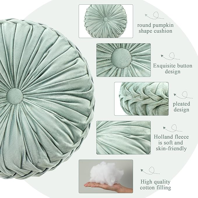 Drydiet 1 Pcs Round Throw Velvet Pillows Decorative Pleated Throw Pillows 15'' Diameter Accent Pumpkin Boho Chair Cushion for Couch Sofa Home Decoration (Sage Green)
