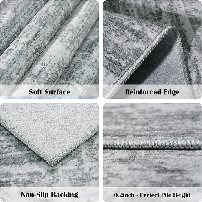 3x7 Washable Kitchen Runner Rug - Modern Abstract Neutral Carpet with Non-Slip Backing Low-Pile Stain-Resistant Thin Runners for Hallway Bathroom Bedroom Entryway (3x7, Gray)