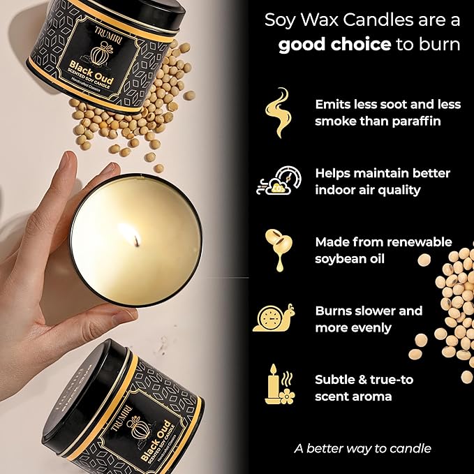 Black Oud Candle Highly Scented Soy Candel Natural Non Toxic Velas Aromáticas Gift for Men 5Oz Decorative Tin Jars with Lids Pack of 3