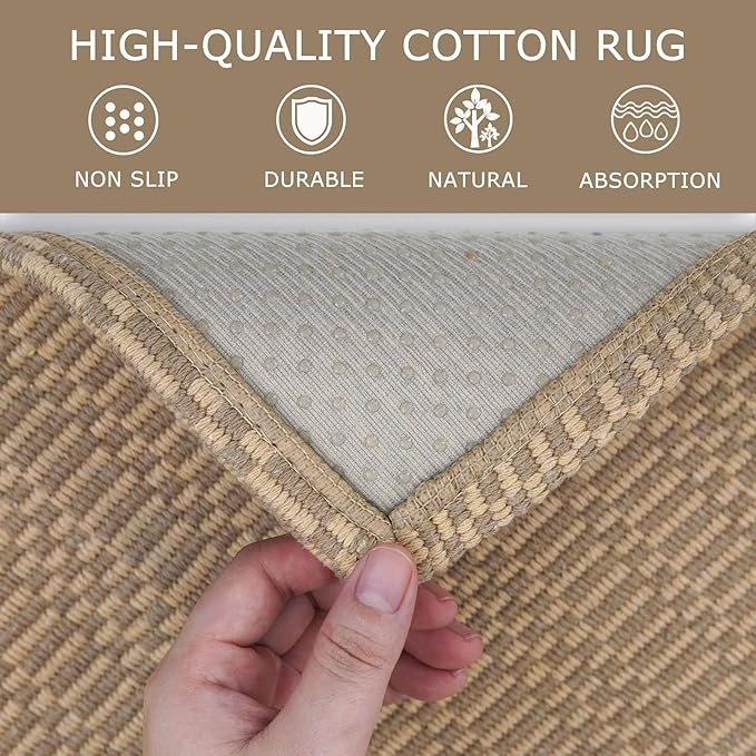 KOZYFLY Washable Runner Rug 2x5 Ft Runners for Hallways Rubber Backed Throw Rug, Braided Cotton Entryway Runner Indoor, Carpet Runners for Hallway Kitchen Entryway Bedroom, Beige/Khaki