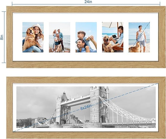8x24 Picture Frame 2 Pack, Natural Oak Wood Frame with Tempered Glass, Display Pictures Multiple Five 4x6 With Mat or 8 x 24 Without Mat - Horizontal or Vertical Wall Mounting