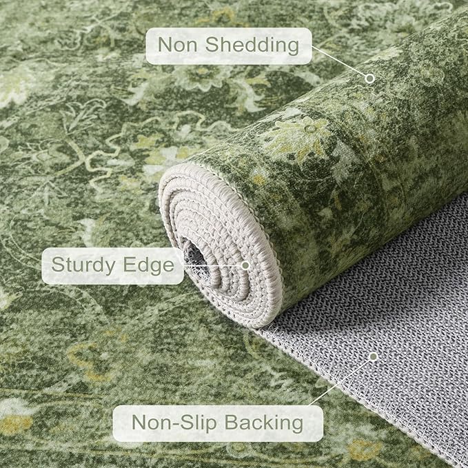 Hedlive Vintage Green Washable 2x6 Runners for Hallways, Boho Kitchen Runner Rug Non Skid, Soft Low Pile Floor Carpet for Entry Bathroom Bedside High Traffic Area (2'x6', Green)