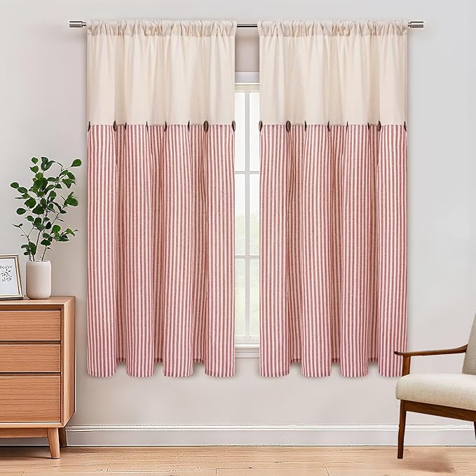 ASPMIZ Farmhouse Living Room Curtains Boho, Country Linen Curtains with Rustic Buttons, Rod Pocket & Back Tab Orange Striped Curtain for Bedroom Window Curtain, Home Decor, 52 x 63 Inch, 2 Panels