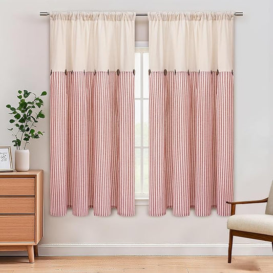 ASPMIZ Farmhouse Living Room Curtains Boho, Country Linen Curtains with Rustic Buttons, Rod Pocket & Back Tab Orange Striped Curtain for Bedroom Window Curtain, Home Decor, 52 x 63 Inch, 2 Panels