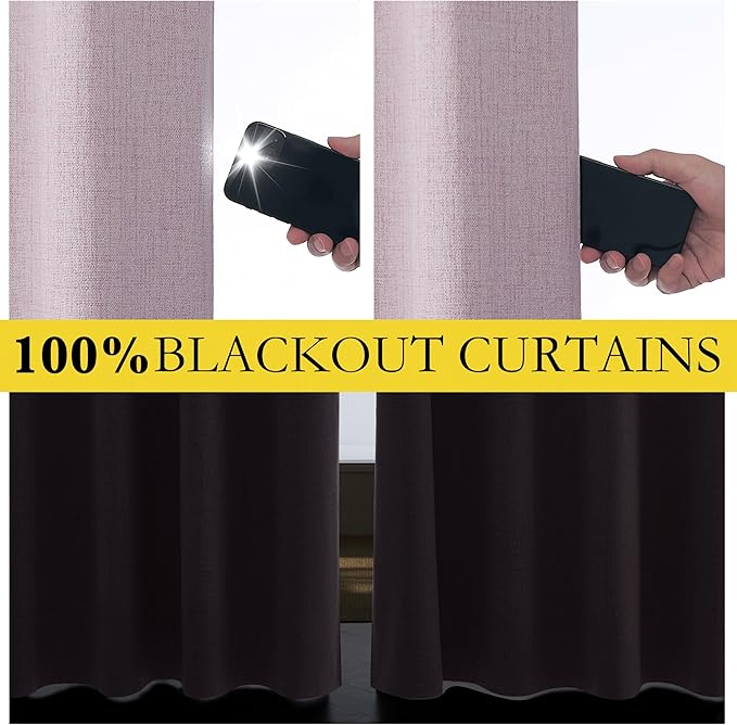 NICETOWN Pink Vintage Linen 100% Blackout Curtains for Dining Room, Thermal Insulated Curtains 45" Long, Noise Reducing Window Treatment Drapes for Kitchen, 42" Wide Per Panel, Set of 2