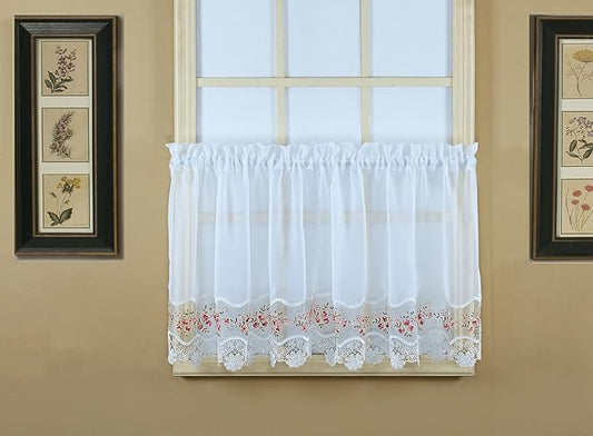 Today's Curtain, Vintage Macramé Organza Tier 24", White/Rose, 58" W x 24" L