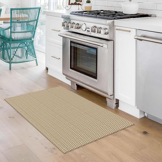 KOZYFLY Washable Area Rug 2x3 Ft Small Entryway Rug Indoor Door Mat Throw Rugs with Rubber Backing, Braided Cotton Floor Carpet for Front Entrance Bathroom Kitchen Foyer, Sand/Ivory
