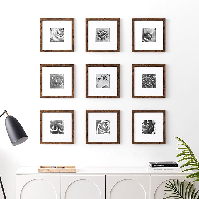 eletecpro 10x10 Picture Frames Set of 9 Classic Gallery Wall Frame Set Displays 5x5 Photo with Mat or 10x10 without Mat, Square Picture Frames Collage Wall Decor, Rustic Brown Modern Home Decor for