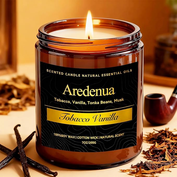 Tobacco Vanilla Candle - 7oz Soy Candle for Relaxation, Warm Masculine Scented Candle for Stress Relief, Cozy Home & Evening Gift - Hand Poured Candles Gift for Women & Men