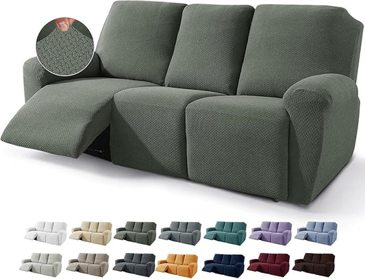JIVINER 8-Piece Recliner Sofa Covers Stretch Jacquard Couch Covers for Reclining Slipcovers for Living Room 3 Cushion Soft Recliner Protector with Pocket (Sofa Recliner, Army Green)
