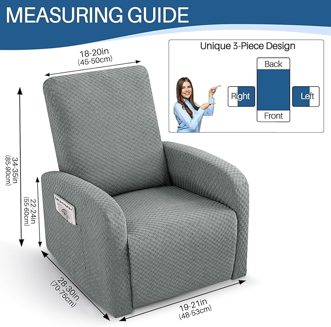 YEMYHOM 3 Pieces Stretch Recliner Slipcover Latest Jacquard Small Recliner Chair Cover with Side Pocket Anti-Slip Fitted Furniture Protector with Elastic Bottom (X-Small Recliner, Light Gray)