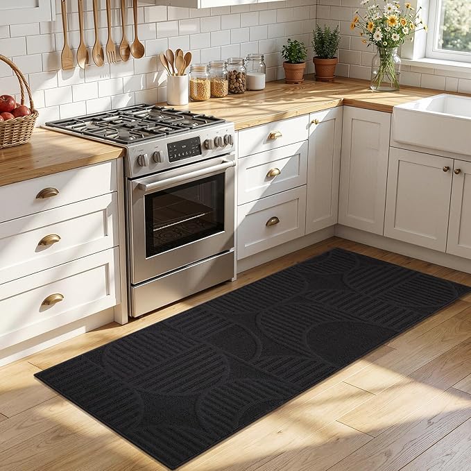 Findosom Washable Runner Rug 2x6, Geometric High-Low Textured Non Slip Hallway Runner Rug with Rubber Backing, Boho Carpet Runner for Kitchen, Bedroom, Laundry, Entryway, Bathroom, Black