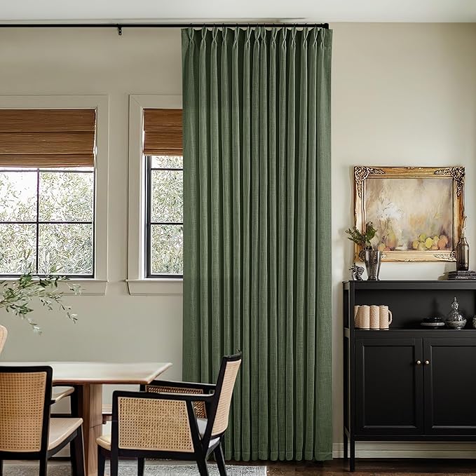 TWODRAPES Olive Green Linen Pinch Pleated Curtains 84 Inches Long 2 Panels for Living Room Bedroom Linen Pleated Hooks Rings Back Tab Light Filtering Loden Moss Green Farmhouse Drapes 84 Inch Length