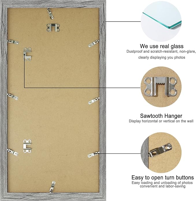 10x20 Picture Frame Set of 2, Rustic Grey Wood Frame with Real Glass Collage Frame, Display Pictures Three 5x7 With Mat or 10 x 20 Without Mat - Horizontal or Vertical Wall Mounting