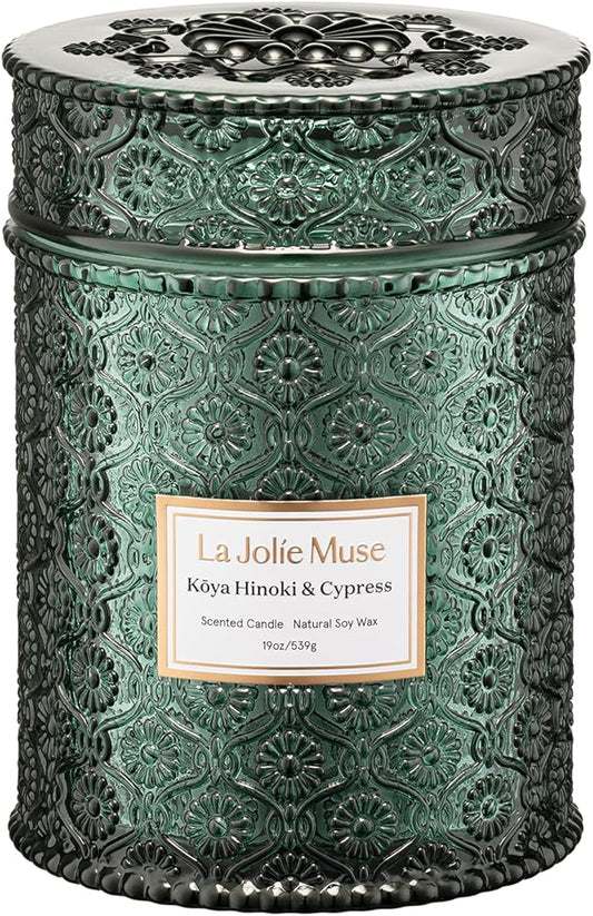 LA JOLIE MUSE Kōya Hinoki & Cypress Candle | Pine, Hinoki & Cedarwood | 19 oz Wooden Wick Soy Candle | 90-Hour Burn | Daily Relaxation & Cozy Ambiance