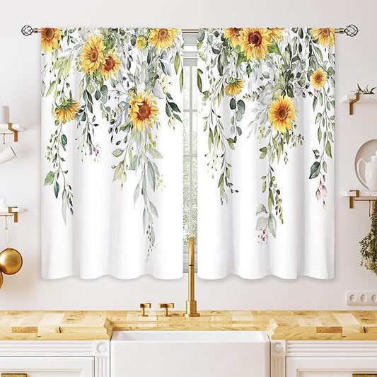Eucalyptus Botanical Leaves Sunflower Floral Kitchen Window Curtains Over Sink Farmhouse Flower Leaf Small Window Treatment Cafe Short Curtains for Bathroom Treatment Tier Drapes 26x24 inch