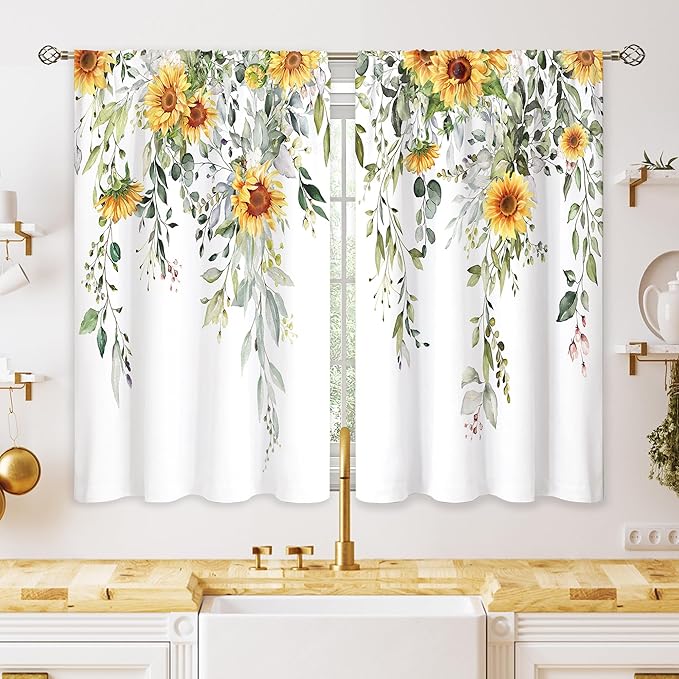 Eucalyptus Botanical Leaves Yellow Sunflower Floral Kitchen Window Curtains Flower Plant Small Window Treatment Sage Green Cafe Short Curtains for Bathroom Treatment Tier Drapes 26x36 inch