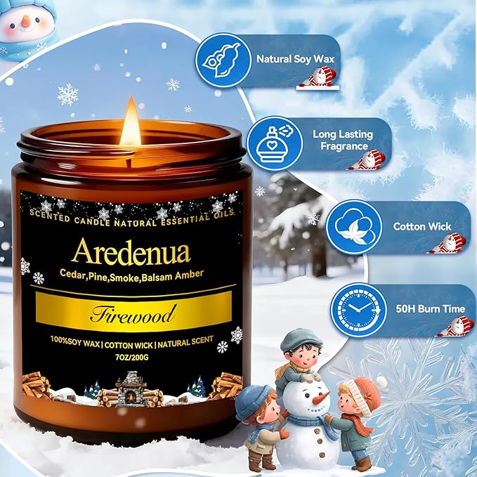 Firewood Scented Candle | Smoky Wood Scent 7oz Soy Candles for Home Cozy Scented, Holiday Aromatherapy Candles | Candle Gifts for Women Men - 50H Clean & Long Lasting Burn