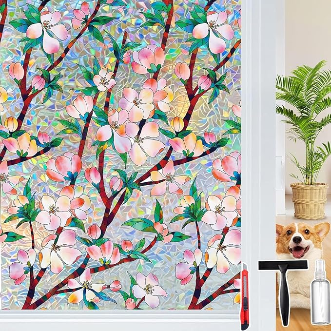 Rainbow Window Privacy Film Decorative, 3D Decals Stained Glass Clings, Static Cling Sticker, Suncatcher Windows Cover Tint for Home, 47.2 Inch x 157.4 Inch