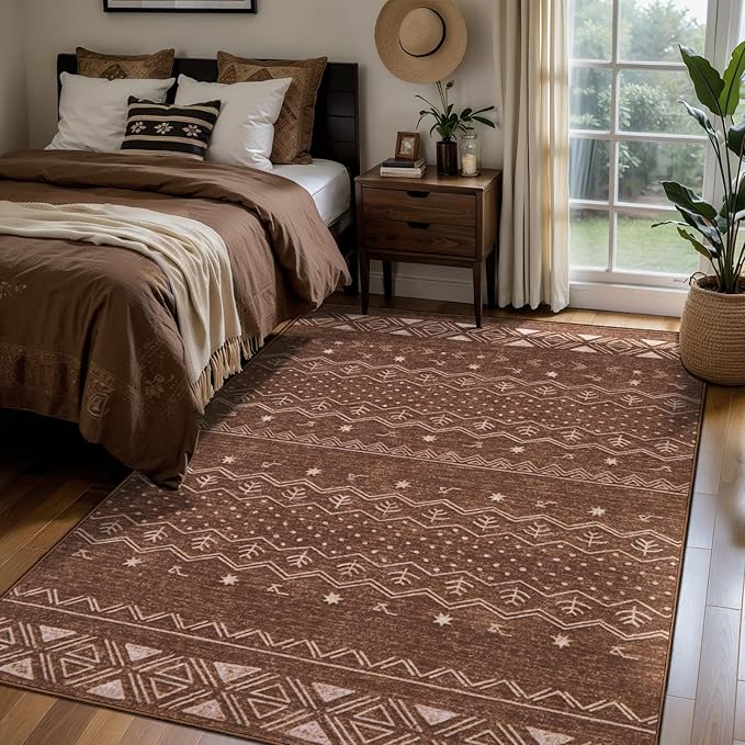 SERISSA 4x6 Area Rugs for Living Room, Washable Non-Slip Coffee Brown Boho Rug, Soft Low-Pile Geometric Indoor Carpet for Dining Room Bedroom Home Office Nursery