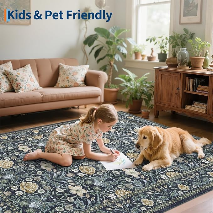 GarveeHome Large Area Rugs 9x12 for Living Room, Retro Floral Washable Rug Soft Non Slip Floor Mat Carpet Indoor Thin Accent Rug for Bedroom Dining Room Playroom Nursery Home Decor