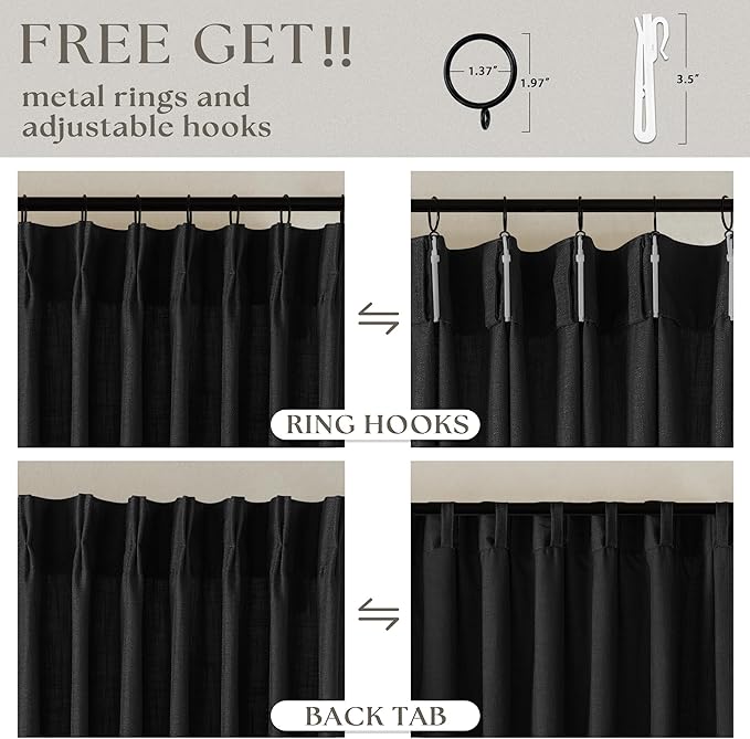 TWODRAPES Pinch Pleated Black Linen Curtains 96 Inches Long for Living Room Bedroom Light Filtering Boho Window Drape 96 Inch 2 Panels with Hooks Rings 8ft Black Sliding Glass Door Semi Sheer Curtain