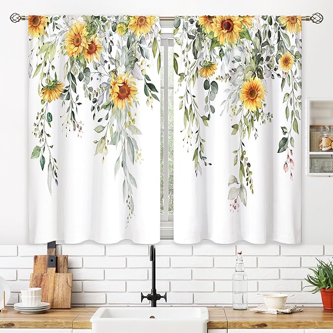 Eucalyptus Botanical Leaves Yellow Sunflower Floral Kitchen Window Curtains Flower Plant Small Window Treatment Sage Green Cafe Short Curtains for Bathroom Treatment Tier Drapes 27.9x39 inch