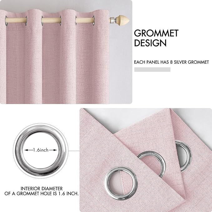 MIULEE Linen Texture Curtains for Bedroom Solid 100% Blackout Thermal Insulated Pink Curtains Grommet Room Darkening Drapes for Living Room Nursery 52x54 Inch (2 Panels)