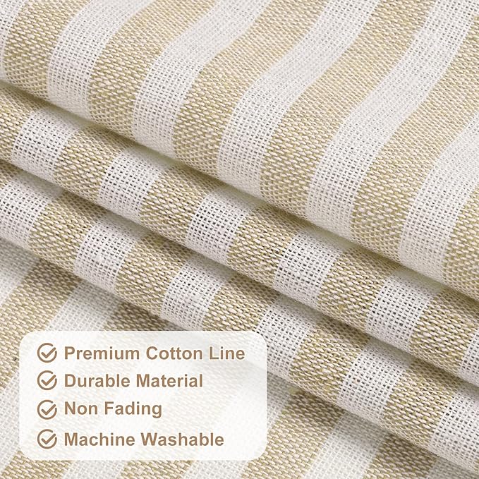 ASPMIZ Farmhouse Valances for Windows, Cotton Linen Kitchen Curtains Valances with Rustic Buttons, Khaki Striped Window Valance for Living Room, Boho Valance Curtains for Bathroom, 52 x 18 Inches