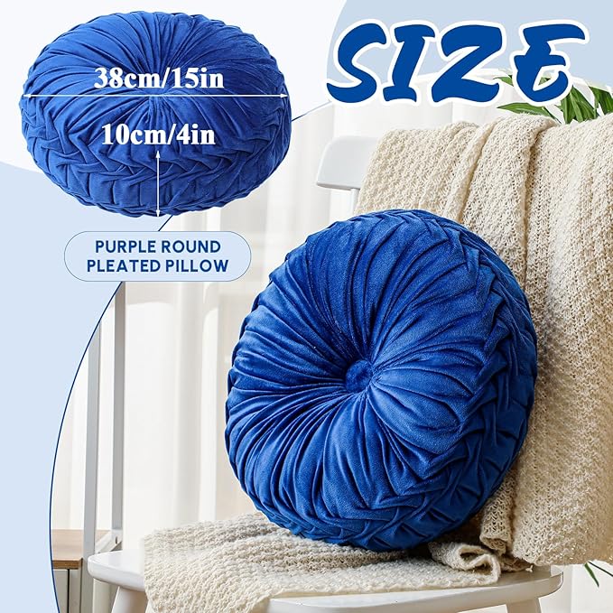 Drydiet 1 Pcs Round Throw Velvet Pillows Decorative Pleated Throw Pillows 15'' Diameter Accent Pumpkin Boho Chair Cushion for Couch Sofa Home Decoration (Navy Blue)