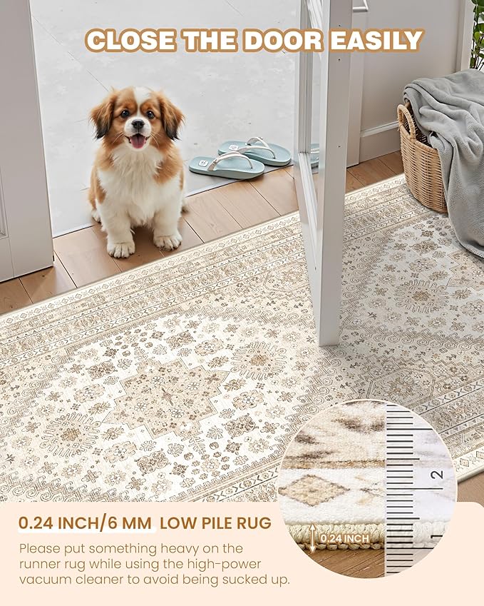 Entryway Rug - 2x3 Washable Rug Runner for Bathroom, Laundry Room, Kitchen, Soft Vintage Hallway Runner for Bedroom, Non-Slip Door Mat Indoor Entrance(Cream/Beige,2'x3')