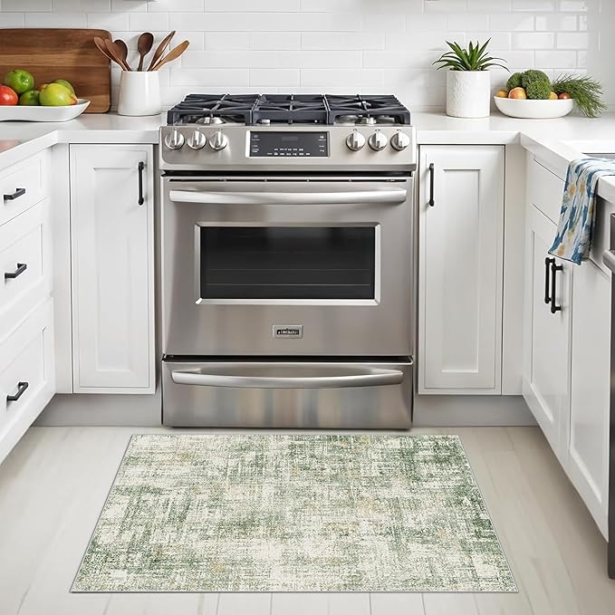 2x3 Washable Non-Slip Area Rug - Soft Low Pile Throw Rug for Kitchen Entryway Bedroom - Modern Indoor Door Mat with Rubber Backing (Sage/Green)
