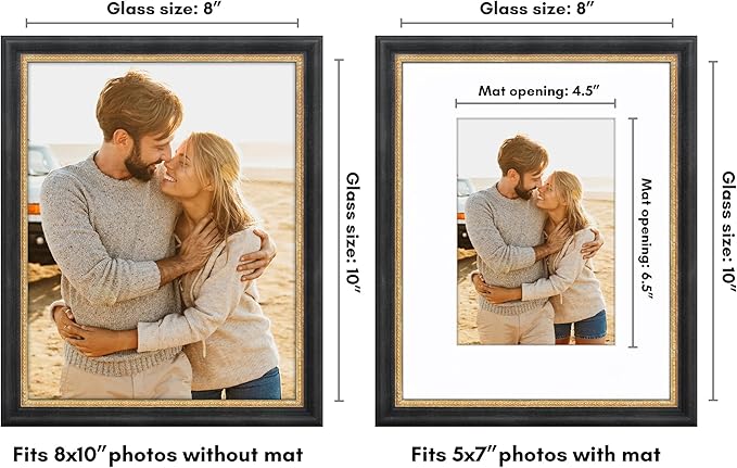 Americanflat Vintage Frames - 8x10 Picture Frame with Beaded Accents and Shatter-Resistant Glass - Use as 5x7 Frame or Display 8x10 Photos Without Mat - Heirloom Collection - Black Gold