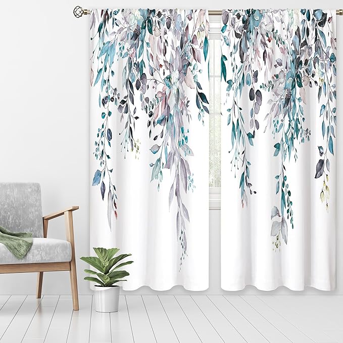 Blue Grey Eucalyptus Botanical Leaves Floral Window Curtains Watercolor Flower Plant Wildflower Farmhouse Boho Curtain Drapes Herb Curtains for Bedroom Living Room Treatment 52Wx84H Inch