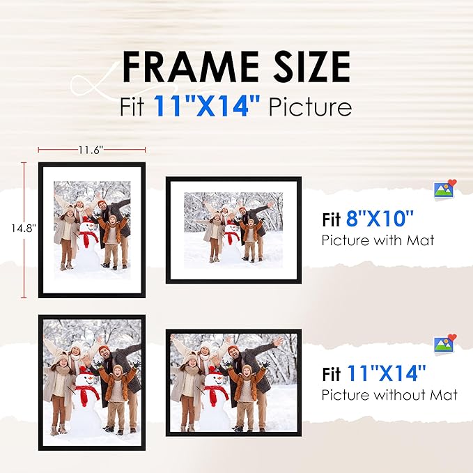 FIXSMITH 11x14 Picture Frame Bulk-6 Pack, Photo Frame with HD Plexiglass, Display Pictures 8x10 with Mat or 11x14 Without Mat, Black Picture Frames Collage Wall Decor