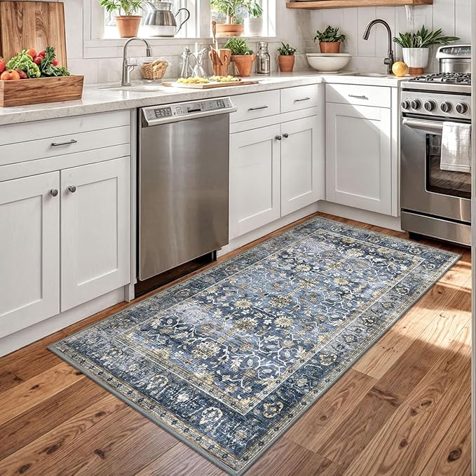 KUTA Vintage Floral 3x5 Entryway Rug, Area Rugs for Living Room Blue Grey Beige Washable Kitchen Carpet Non-Slip, Ultra Thin Soft Printed Distressed Oriental Entry Low-Pile Throw for Dining Room Dorm