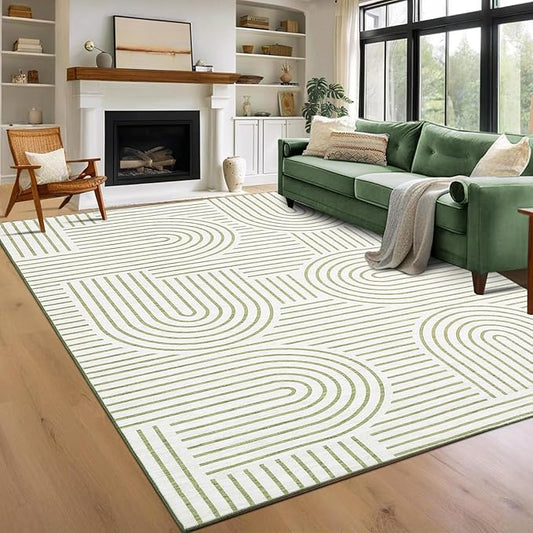 ROYHOME Washable Rug 9x12 Area Rugs for Living Room, Abstract Rug for Bedroom, Soft Rainbow Non Slip Throw Rugs with Rubber Back, Low Pile Stain Resistant Boho Geometric Carpet for Dining Room, Green