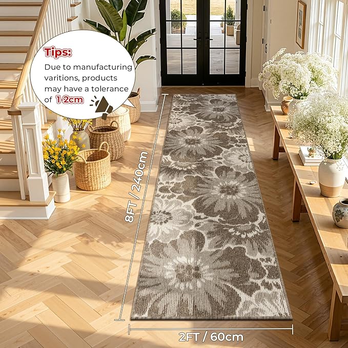 Findosom Hallway Runner Rug 2x8, Non Slip High-Low Textured Floral Washable Runner Rug with Rubber Backing, Boho Carpet Runner for Kitchen, Entryway, Bedroom, Laundry, Brown