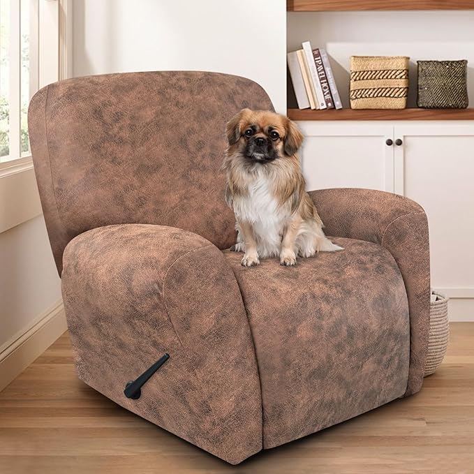 ANARACHON Recliner Chair Covers Leather Look, 4 Pieces Recliner Covers Non Slip, Soft Slipcovers for Large Recliners, Furniture Protector Washable for Pets (1 Seater, 03 Light Brown)