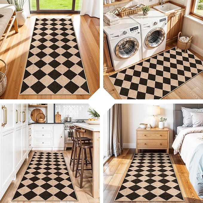 Easy Jute 2x5 Runner Rug: Non Slip Checkered Low Pile Indoor Doormat - Machine Washable Entryway Kitchen Bathroom - Carpet for Dorms Small Spaces Ideal for Young Families First Home (Black/Brown,2x5)