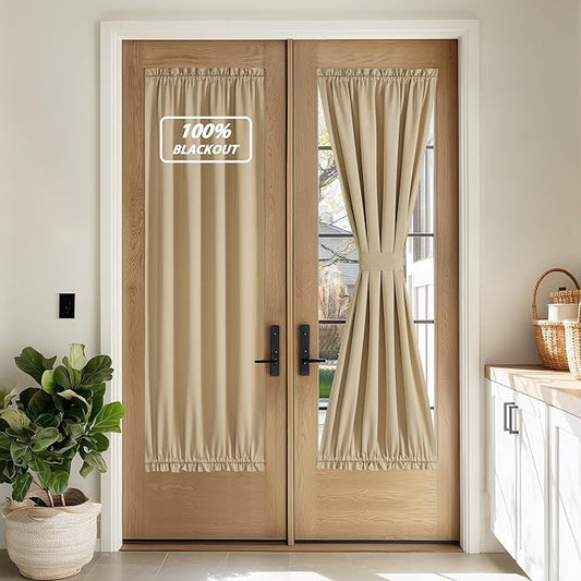 NICETOWN 100% Blackout Door Curtain for French Front Door with Adjustable Tieback, Thermal Insulated Privacy Room Darkening Window Covering for Kitchen, W30 x L72, 1 Panel, Biscotti Beige