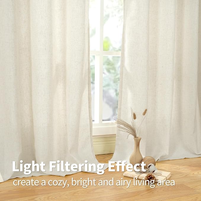 YoungsTex Natural Linen Semi Sheer Curtains 84 Inch Length for Living Room, Light Filtering Window Drapes Privacy with Grommet No See Through for Bedroom, 2 Panels, 38 X 84 Inch