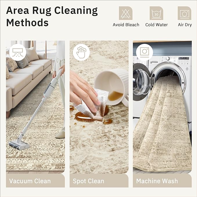 Soalmost 5x7 Area Rugs Brown Low Pile Indoor Washable Trendy Faded Style Floral Rugs for Bedroom Living Room Dining Room Foldable Non-Slip Thin Print Mat