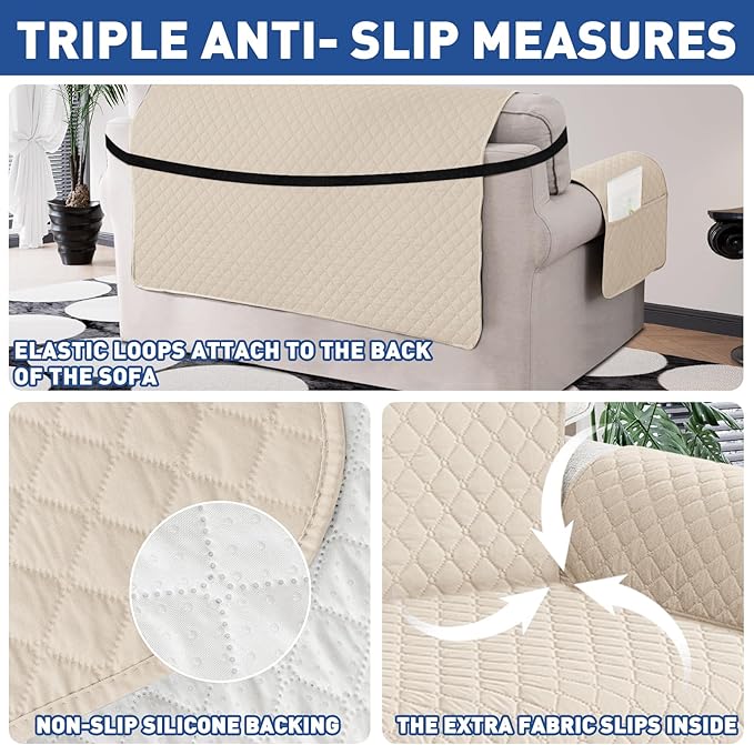 XINEAGE Quilted Chair Sofa Cover Waterproof Chair Covers for Armchair, Super Soft Washable Slipcover with Pockets & Non-Slip Elastic Straps, Thick Furniture Protector (Beige)