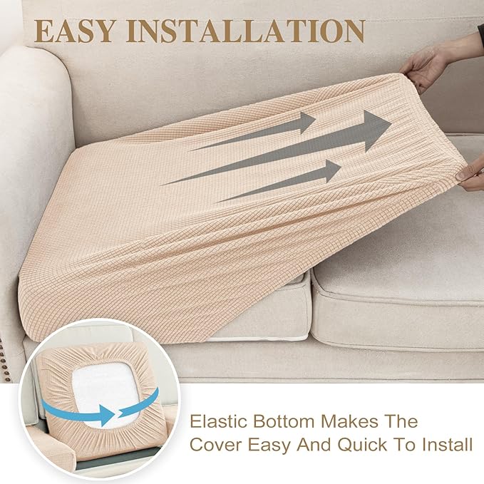 LA MEACK Couch Cushion Covers for Sectional Sofa L Shape Washable Separate Seat Chaise Couch Cover Stretch Sofa Slipcovers with 2 Pcs Pillowcases(3 Seater + 1 Chaise, Natural)