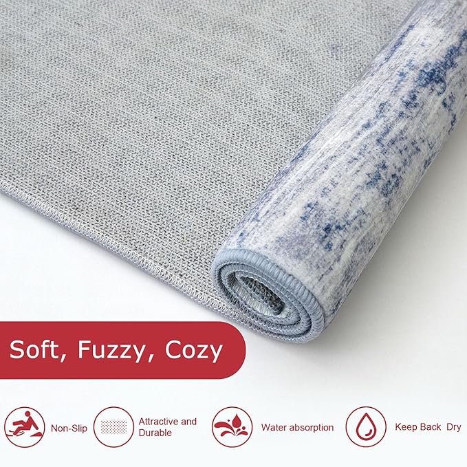 KOZYFLY 3x8 Ft Rug Modern Ombre Runner Rug for Hallway, Washable Kitchen Rugs Non-Slip Soft Striped Entryway Rug, Print Grey-Blue Abstract Carpet for Laundry Nursery